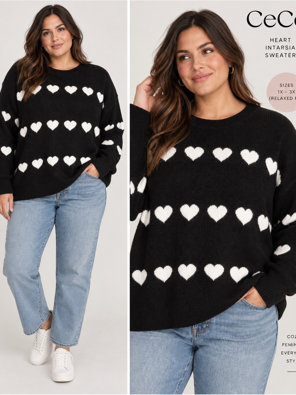 CeCe Black & White Heart Sweater Women’s 2X NWT Plus Size